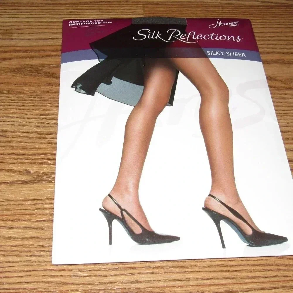 HANES Silk Reflections Control Top Silky Sheer Barely Black Pantyhose Size EF